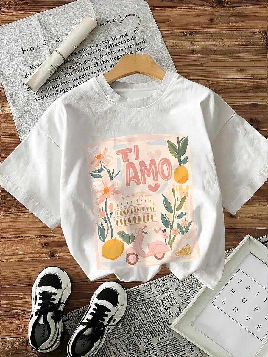 Spring/Summer 2026, New Women's Short Sleeve T-Shirt With Floral Print And Artistic Style, Design "I Love The Roman Colosseum", Pink Color, Casual Style, Round Neck, White Short Sleeve T-Shirt. - 白色 - 查看 1