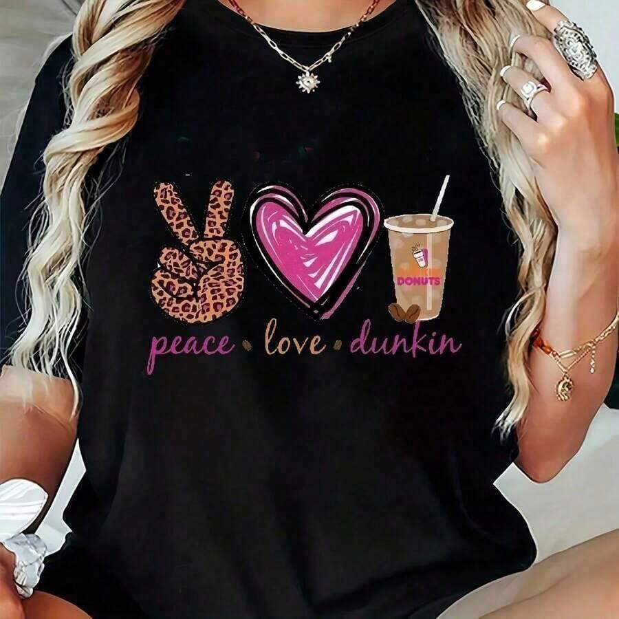Women's 100% Cotton T-Shirt With 'Peace Love' Graphic Print With Floral Hearts And Leopard, Casual Elastic Short Sleeve Crew Neck T-Shirt, Machine Washable, Spring Summer Top - 黑色 - 查看 1