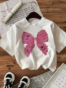 Camiseta de manga corta con cuello redondo y estampado de cara feliz con lazo de mariposa - Blanco - Ver 6