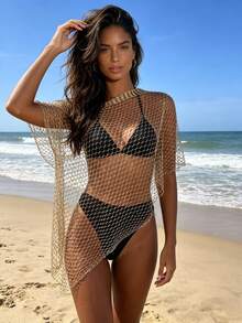 Women's Gold Fishnet Rhinestone Ponchos Tops Asymmetric Off One Shoulder Cut Out Mesh Cover Up Lingerie - Gold - View 5
