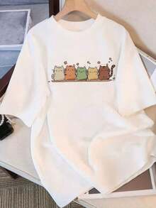 Under The Radar Women's Short Sleeve T-Shirt With Fun Cat And Star Print - Loose Crew Neck, Comfortable For All Year Round, Machine Washable, Casual Wear - Vintage Street Style Unisex Loose Cotton Short Sleeve Crew Neck T-Shirt - 白色 - 查看 1