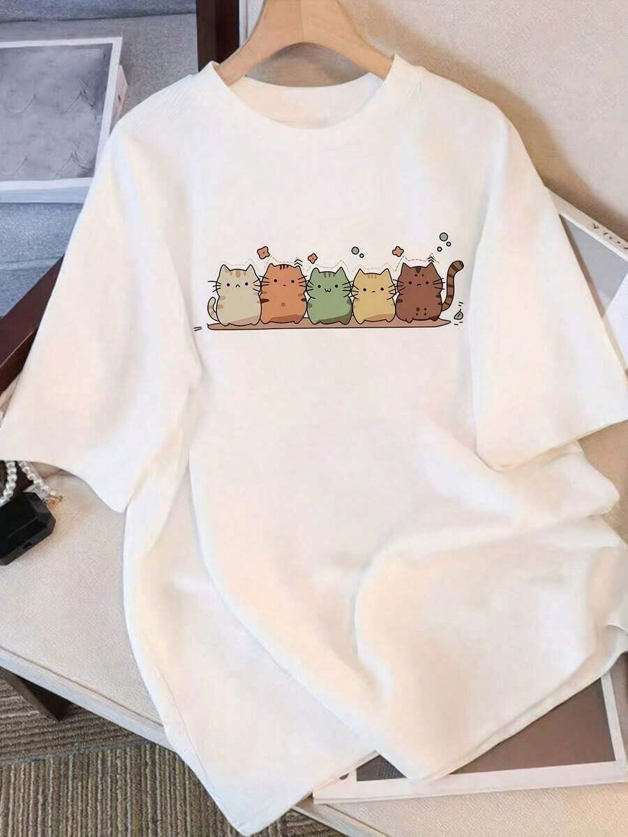 Under The Radar Women's Short Sleeve T-Shirt With Fun Cat And Star Print - Loose Crew Neck, Comfortable For All Year Round, Machine Washable, Casual Wear - Vintage Street Style Unisex Loose Cotton Short Sleeve Crew Neck T-Shirt - 白色 - 查看 1