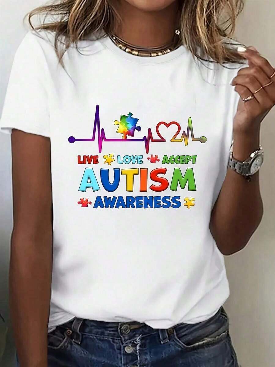 Women's Autism And Neurodiversity Awareness T-Shirt - Y2K Style, Casual Crew Neck, Short Sleeve, Printed With The Slogan "Live, Love, Accept", 95% Polyester/5% Cotton, Machine Washable, Spring/Autumn Top, Supports Autism And Can Be Used As Casual Wear Or Supportive Clothing. Women's Blouses > Shirt - 白色 - 查看 1