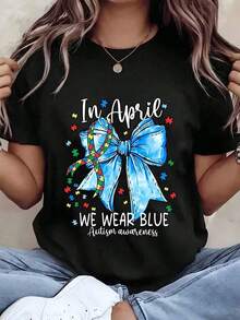 Designed For Modern, Stylish, And Comfortable Women. T-Shirt With A Blue Ribbon Print For April Awareness. Crew Neck, Short Sleeves, Casual Style. A Perfect Gift For Her. 220g. Made With Premium Soft And Breathable Fabric, Designed For All-Day Comfort And Versatile Everyday Wear, Perfect For Casual Outings. - 白色 - 查看 7