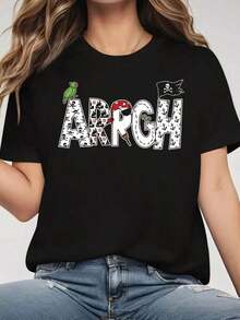 Diseñada para mujeres modernas, elegantes y cómodas. Camiseta con estampado 'ARGH' de temática pirata para mujer, de manga corta, cuello redondo, ropa casual para salidas diarias en primaver - Negro - Ver 6