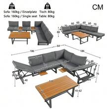 Garden Furniture Set, Grey, 3-Piece Set With 2 Sofas, Table, Powder-Coated Iron Frame, Adjustable Backrest, Acacia Wood, Adjustable Table, Including All Seat Cushions And Pillows - 灰色 - 查看 2