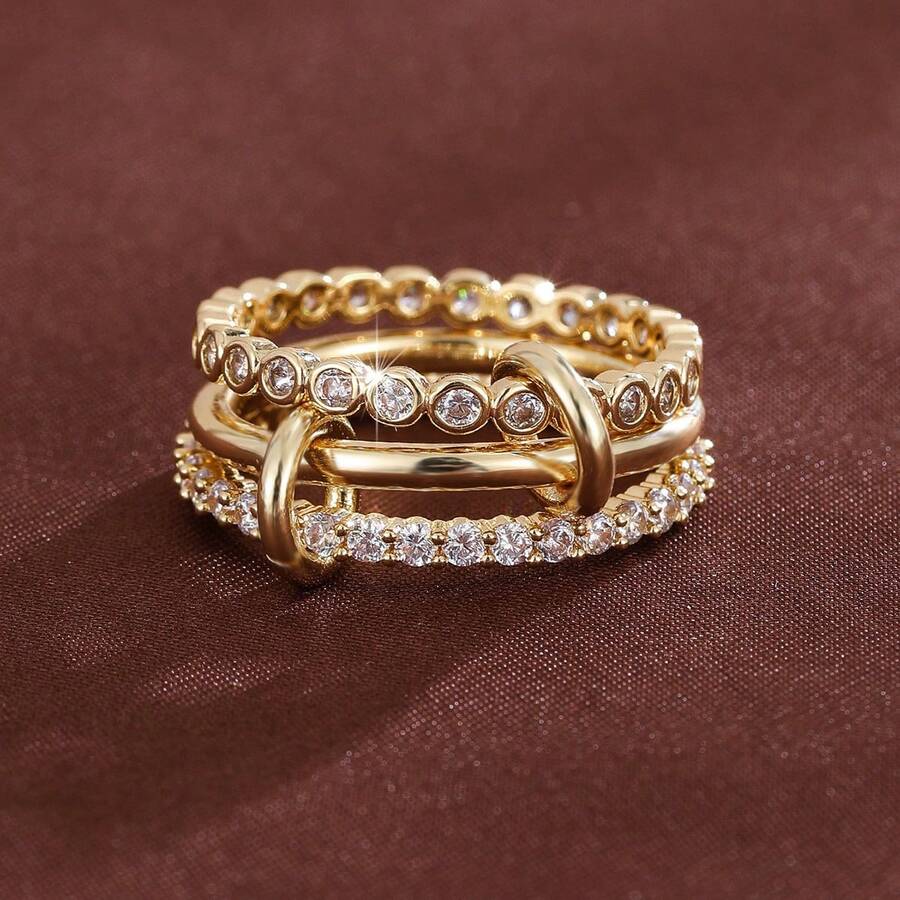 1pc Minimalist Dotted Triple-Ring Design Cubic Zirconia Inlaid Women's Ring - Multicolor - View 1