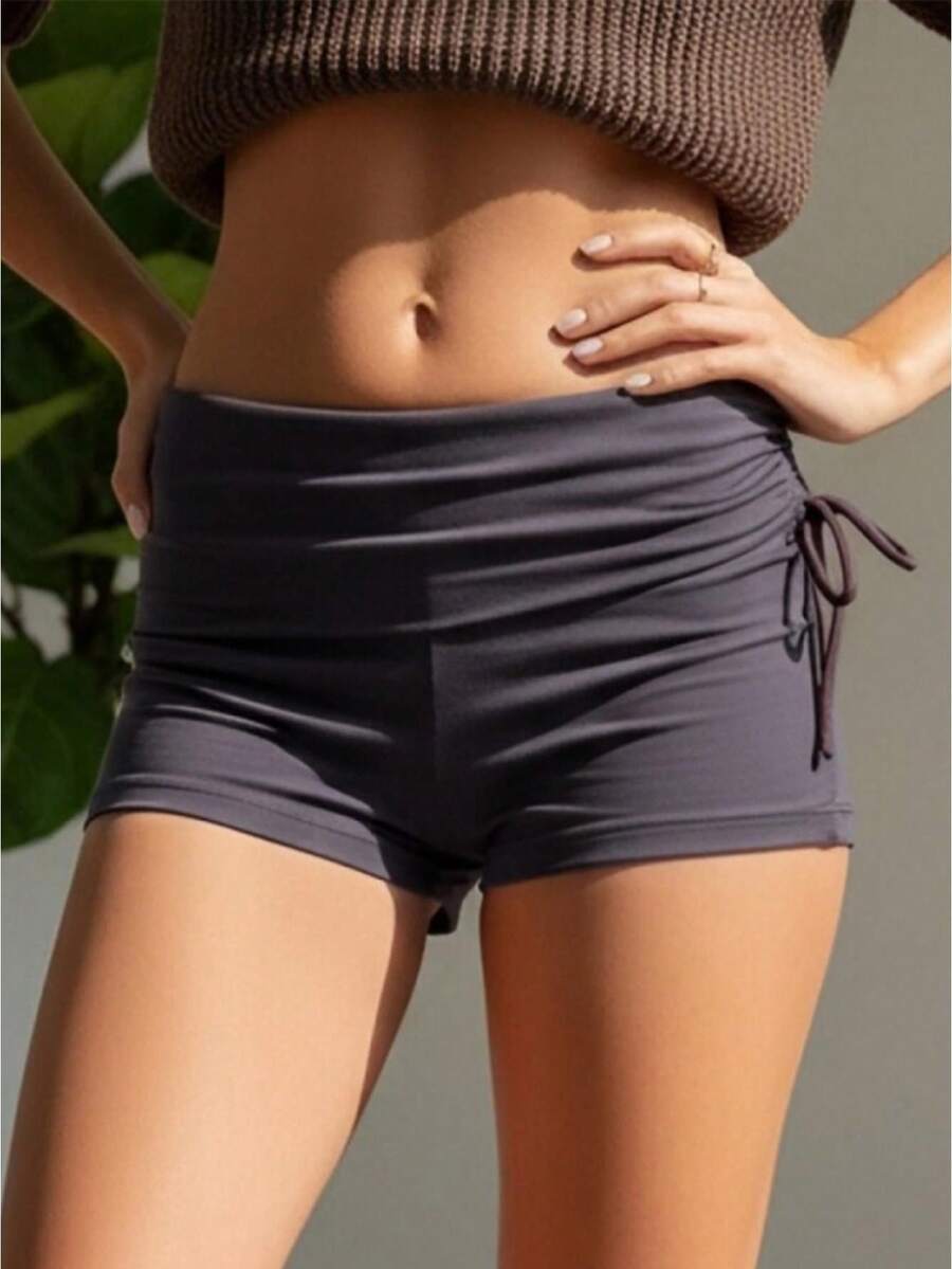 Women Fold Over Waist Shorts Fashionable Solid Color Low Rise Slim Fit Mini Shorts For Beach Daily Wear - Purple - View 1
