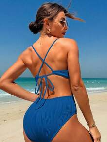 Traje de baño de una pieza con diseño de espalda descubierta, de unicolor, fashionable, para playa de verano, color blanco - azul real - Ver 2