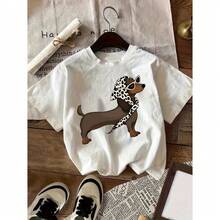 Camiseta de algodón de manga corta para mujer con estampado gráfico de perro, bufanda de leopardo, top para amantes de los cachorros, atuendo casual de verano, ropa de calle, suave, transpirable, para uso diario. - Blanco - Ver 5