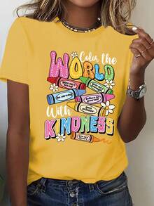 (001 # ) Fashionable Women's T-Shirt, Printed Design, Round Neck, Casual Short Sleeve T-Shirt For Women - 黑色 - 查看 7