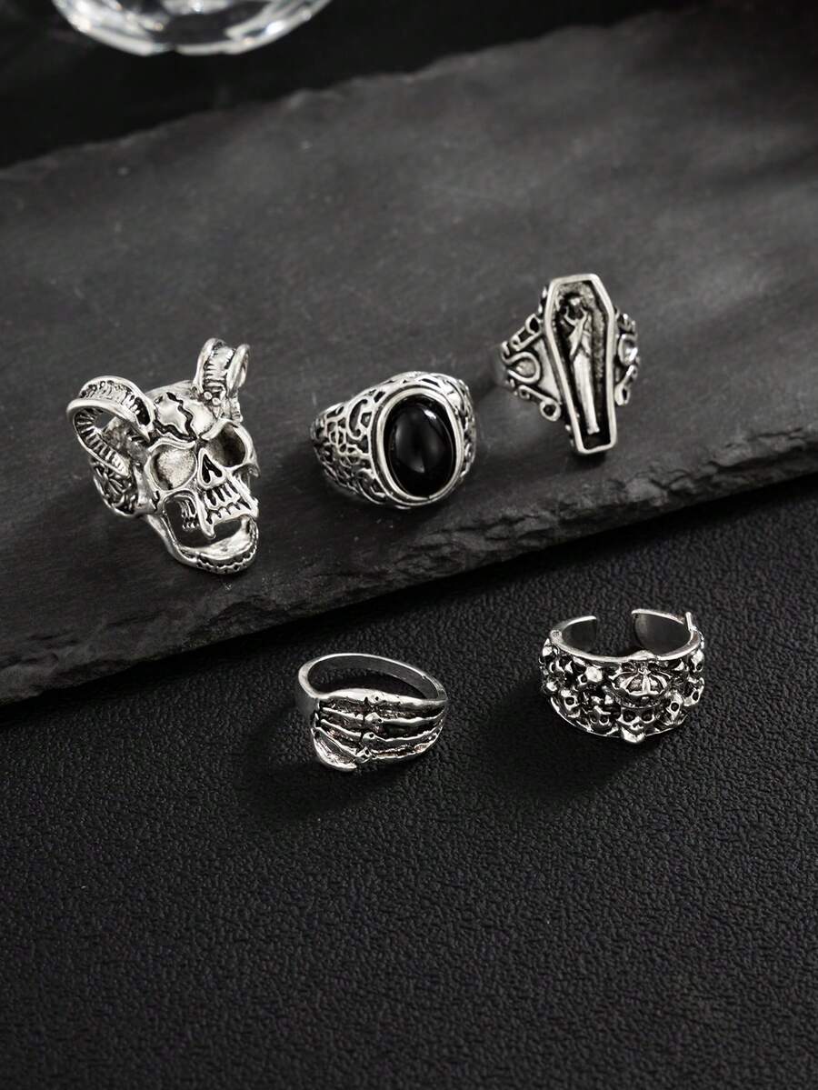 Bộ 5 chiếc nhẫn phong cách Gothic Punk, nhẫn mạ bạc cổ điển hình đầu lâu/móng vuốt/đá đen có thể điều chỉnh kích cỡ, phụ kiện hip-hop retro, unisex, trang trí trang phục Halloween. - Bạc cổ - Xem 1