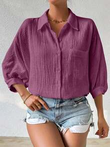 Camisa de mujer minimalista y casual de unicolor con botones delanteros, textura y hombros caídos - Morado - Ver 7