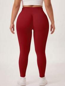 NcmRyu 1pc Women Plus Size Solid Color Ruched Waist Slim Fit Sports Pants - Red - View 8
