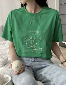 casual Camiseta gráfica de mujer holgada y casual con estampado de planta, nueva para la primavera-Vintage Street Style Unisexoose Cotton Short Sleeve Crew Neck T-Shirt - Verde - Ver 1
