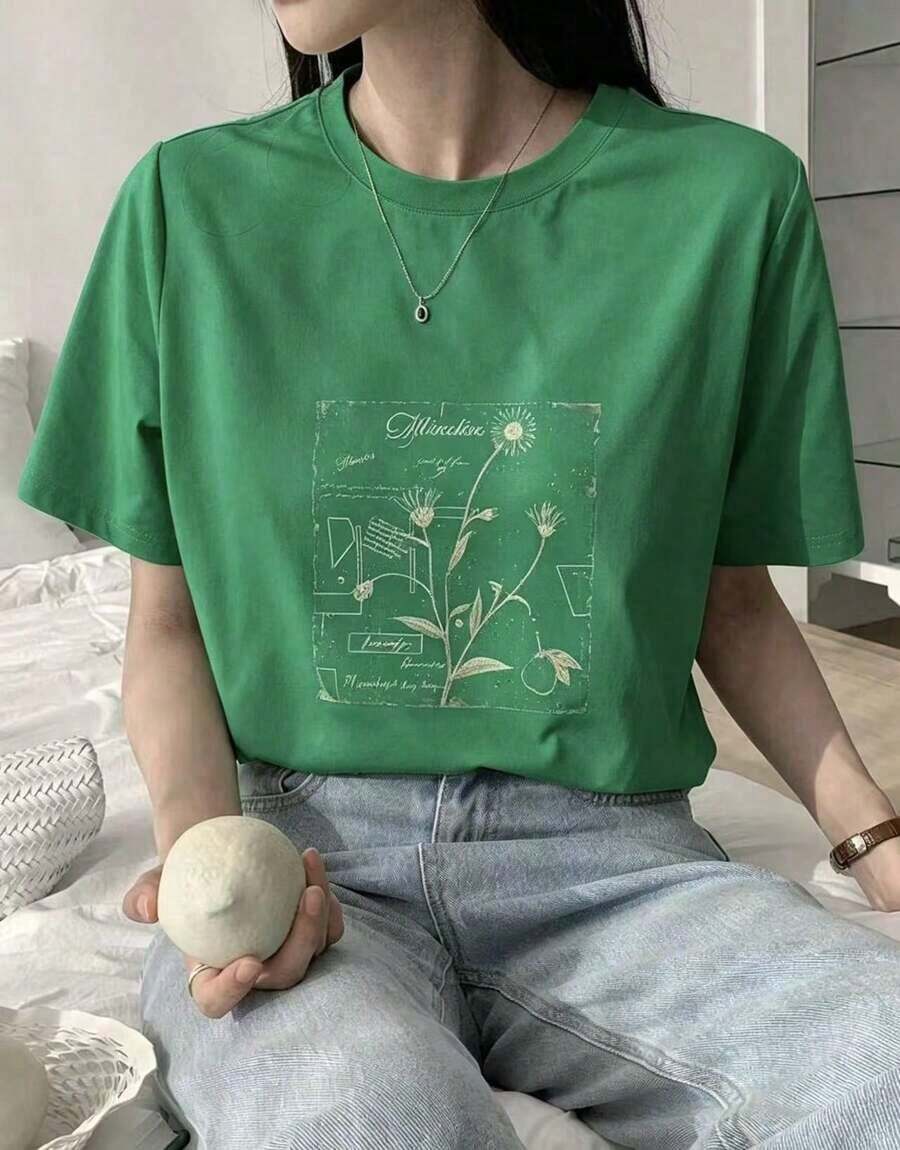 casual Camiseta gráfica de mujer holgada y casual con estampado de planta, nueva para la primavera-Vintage Street Style Unisexoose Cotton Short Sleeve Crew Neck T-Shirt - Verde - Ver 1