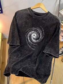 1 Piece Of 230g Pure Cotton T-Shirt, Vintage Washed Style - Unisex Loose Fit T-Shirt, Plus Size, Urban Casual Style, Suitable For Daily Wear, Parties And Workouts, Machine Washable, With Round Neck, Galaxy Print, Comfortable Clothing, Breathable Fabric, Unisex, Available In Plus And Extra Large Sizes, Casual Wear, Daily Essentials, Loose Fit T-Shirt, Printed T-Shirt, Breathable Material, Printed T-Shirt, Comfortable Shirt, For Streetwear Enthusiasts, 180g 100% Cotton Casual Wear. - 黑色 - 查看 1