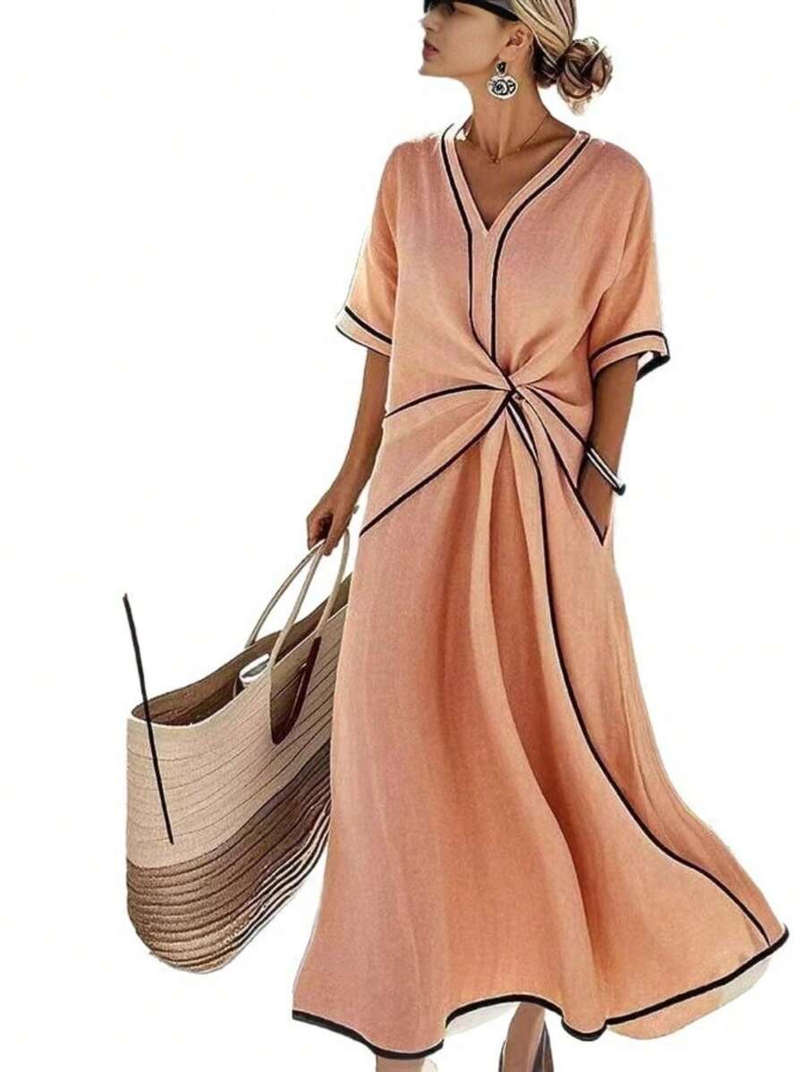 Apricot-Colored Women's Dress With Contrasting Black Details, V-Neck, Ruffled Waist, Side Pockets, Lightweight Fabric Ideal For Summer, Elegant Casual Style Perfect For Vacations, Beach And Travel, Resort Fashion - 珊瑚橙 - 查看 1