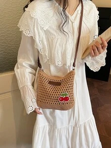 女士草编单肩斜挎包，夏季沙滩包 - 卡其色 - 查看 3