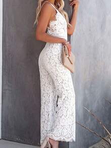 2022 Womens Sexy Lace Sleeveless Backless See Through Mesh Hollow Out Ruffle Long Pants Bodycon Jumpsuit Rompers Clubwear - Blanco - Ver 4