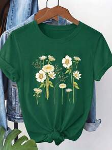 Camiseta de mujer, de manga corta y cuello redondo, con estampado floral de margaritas blancas y hojas verdes, lavable a máquina, adecuada para uso casual, ropa versátil, camiseta moderna y a la moda, material cómodo, para entusiastas de la moda. L4F1 - Verde - Ver 6