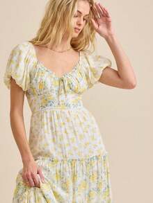 Women's Summer Floral Print Casual Fashion Puff Sleeve V-Neck Dress for Everyday Wear - Amarillo - Ver 3