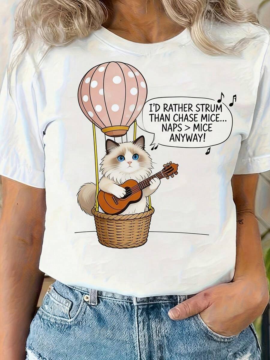 1 pieza clásica y versátil, camiseta corta de algodón puro con estampado divertido de gato y globo aerostático en forma de guitarra, ideal para usar en cualquier estación. Estilo moderno - Blanco - Ver 1