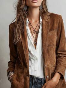 Women's solid color elegant suede coat with pockets and buttons - Marrón - Ver 3