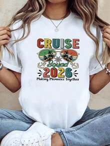 , Plus-Size T-Shirt, Vintage Cruise Vacation Style "CRUISE Squad 2026 Making Memories Together" Text Print, White Short-Sleeve Crew Neck Printed T-Shirt - Machine Washable, Casual Style, Comfortable Fit, Fashionable DesignWomen's Casual Short Sleeve Tee Standard Size Basic T-Shirt - Blanco - Ver 7