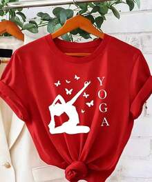 NewSummerCasualCamiseta Gráfica para Mujer con Estampado de Letras y Gestos de Yoga, Estampado de Mariposa con la Palabra YOGA, Manga Corta para Vacaciones de Verano, Estilo Deportivo Casual, Elegante, Vintage, Holgada, Adelgazante y Versátil, 100% Algodón. Blusas para dama casuales - Estilo vintage urbano, unisex, holgadas, de algodón, manga corta, cuello redondo. - Rojo - Ver 1