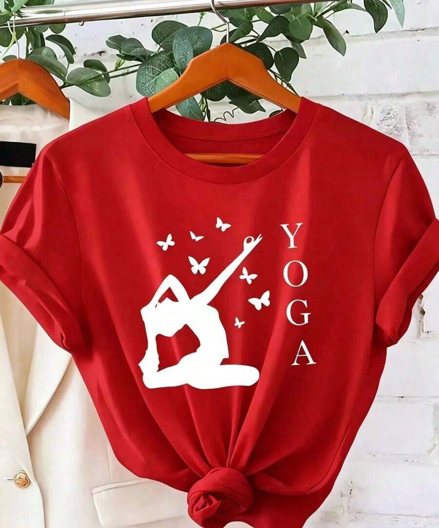 NewSummerCasualCamiseta Gráfica para Mujer con Estampado de Letras y Gestos de Yoga, Estampado de Mariposa con la Palabra YOGA, Manga Corta para Vacaciones de Verano, Estilo Deportivo Casual, Elegante, Vintage, Holgada, Adelgazante y Versátil, 100% Algodón. Blusas para dama casuales - Estilo vintage urbano, unisex, holgadas, de algodón, manga corta, cuello redondo. - Rojo - Ver 1