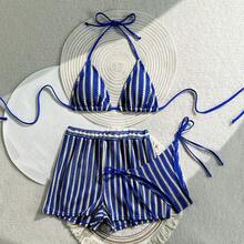 Traje de Baño Bikini de Tres Piezas a Rayas, Sexy y a la Moda, 2026 - 9368 Juego de tres piezas negro - Ver 5