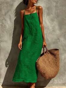 Linen Spaghetti Strap Maxi Dress For Women - Summer Casual Solid Color Beach Vacation Long Dress With Breathable Fabric For Resort Travel Date Night - màu xanh lá - Xem 8