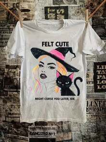 Camiseta FELT CUTE con Diseño de Bruja y Gato - Camiseta Casual con Temática de Halloween, Perfecta para la Temporada de Halloween y para Amantes del Estilo Gótico y Adorable. Transpirable y cómoda. - Blanco - Ver 1
