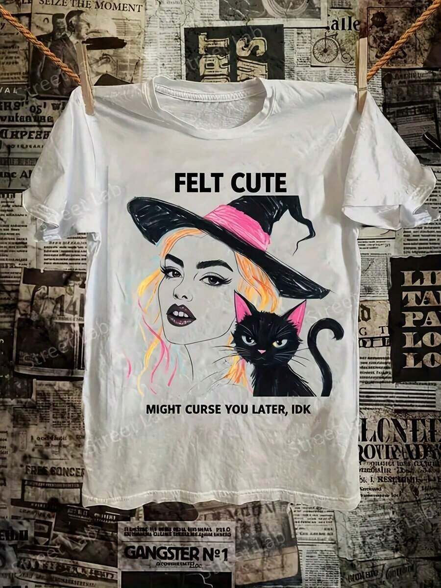 Camiseta FELT CUTE con Diseño de Bruja y Gato - Camiseta Casual con Temática de Halloween, Perfecta para la Temporada de Halloween y para Amantes del Estilo Gótico y Adorable. Transpirable y cómoda. - Blanco - Ver 1