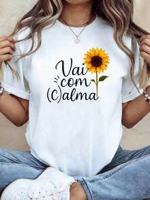 Camiseta Casual Holgada y Suave para Mujer, Fácil de Combinar, con Estampado de Girasol y Patrón Portugués "Vai Com Alma", Ideal para Primavera/Verano, Adecuada para el Tránsito Diario, Reuniones Artísticas, Eventos Sociales de Relajación, Comodidad Emocional y Atuendos para Amantes de la Naturaleza. Camiseta de manga corta adecuada para el transporte diario. Camiseta Básica de Algodón Esencial para el Verano para Mujeres - Blanco - Ver 7