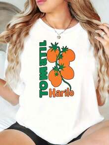 Casual T-shirtWomen Round Neck Short Sleeve Polyester T Shirt Tomato Plant Design Casual Summer Style Heat Transfer Print For Casual Attire And Outdoor Fresh Fruit Theme  And Comfortable Fit Fun Printed Round Neck Short Sleeved Women's T-Shirt, Suitable For: Sports Events/Holiday Parties/Outings/Sports And Other Holiday Gifts (220g).100% CottonDurable - Blanco - Ver 7