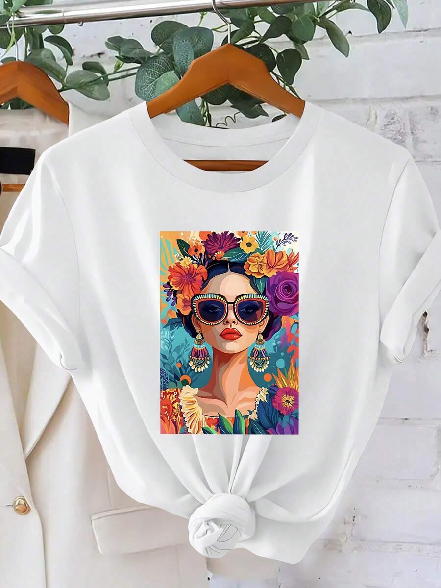 Frida Style Floral Print Women's T-Shirt | Vintage Bohemian Art Crew Neck Short Sleeve | Vintage Casual Style Cute Top | 2026 Spring/Summer Outdoor Vacation Style Clothing | Elegant Party Vintage Style Fashion Loose Women's Topwinter clothes for women - Blanco - Ver 1