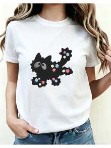 Camiseta casual para mujer con estampado de gato, talla S, elegante, cómoda y versátil, perfecta para looks de primavera y verano. 01 Camiseta de cuello redondo estampada para mujer, para todas las estaciones - Estilo vintage urbano, unisex, holgada, de algodón, manga corta. - Blanco - Ver 7