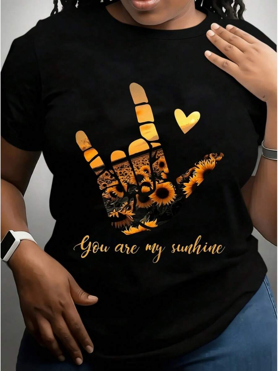 Camiseta deportiva casual para mujer con diseño de huella de mano naranja y texto - Camiseta negra elástica de cuello redondo, lavable aáquina, de ajuste cómodo para todas las estaciones. Prenda de ocio con estampado llamativo y tejido opaco. - Negro - Ver 1