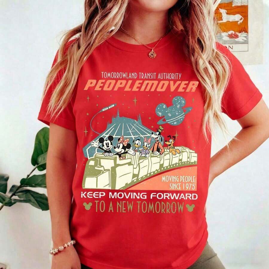 Compra la camiseta vintage de y sus amigos Space Mountain, la camiseta Tomorrowland Transit Authority People Mover, Keep Moving Forward, WDW land playeras de mujer. - Rojo - Ver 1
