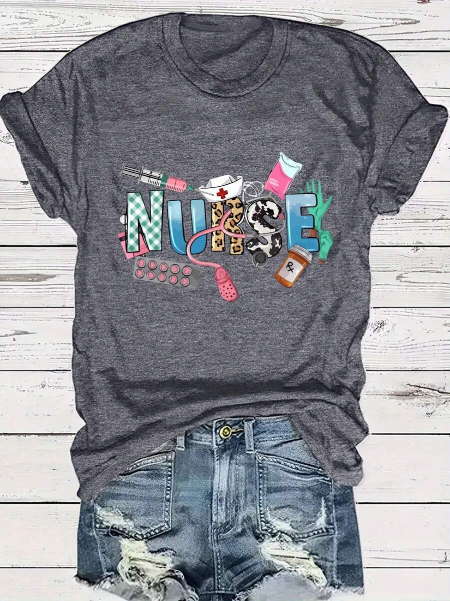 Women'S Plus Size Casual Crew Neck T-Shirt with Colorful Nurse Print, Slight Stretch Fabric, Loose Fit for Spring and Summer - Gris Oscuro - Ver 1