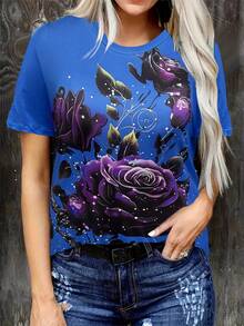 Camiseta de manga corta para mujer con estampado elegante, corte ajustado y cuello redondo. - Negro - Ver 8