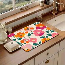 1PC Colorful Floral Pattern Multifunctional Drying Mat, Rubber Material, Heat Insulating Anti-Slip Washable, Polyester Absorbent Countertop Protector, Suitable For Kitchen, Dining Table Decor Mat, Dishwashing Mat, Washing Machine And Coffee Machine Mat, Bathroom Sink Coaster, Kitchen Accessories, Party Supplies - Colorful Little Flowers - View 12