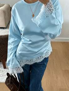New Lace Patchwork Long Sleeve T-Shirt, Suitable For Dates, Vacations, And Everyday Wear In Spring/Summer - Light Blue - View 10