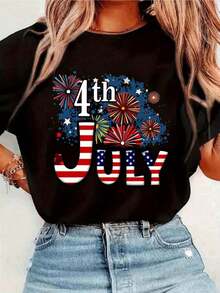 Camiseta gráfica vintage unisex de manga corta y cuello redondo con la bandera estadounidense y fuegos artificiales para el 4 de julio, perfecta para las celebraciones del Día de la Independencia. Esta blusa estampada ofrece una textura suave y un tejido elástico cómodo. - Negro - Ver 8