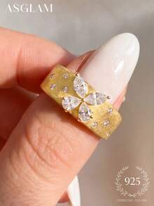 1pc Elegant & Fashionable Gold-Tone & White Cubic Zirconia 925 Sterling Silver Ring, Suitable For Anniversary/Birthday Gift - Gold - View 4