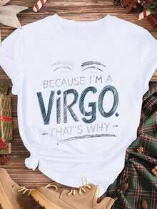 Elegante y casual para mujer, manga corta, camiseta de cuello redondo con estampado "Zodiac Birthday Because Im A Virgo Thats Why", ropa casual blanca para mujer, primavera verano. - Blanco - Ver 3