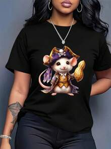 Talla Grande - Camiseta de Mujer con Estampado de Ratón Pirata - Camiseta negra de cuello redondo y corte holgado, ligera y casual para mujer, adecuada para eventos temáticos y uso diario - Divertido atuendo para fiestas de cosplay, moda de verano, diseño vibrante, material suave, top de corte holgado, blusas negras de algodón para mujer adulta. - Negro - Ver 3