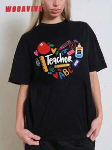 Y2K Style,  Style, The Newest Of 2026, Cute Style, Casual Style. Women's Plus Size T-Shirt, 100% Soft Cotton, Fashionable For Summer, Y2K Cleanfit Style, Slim Fit, Colorful, ABC Teacher Design, Perfect Gift For Teachers, School Professors, Back To School, Teacher Appreciation, Casual, Perfect For All Seasons, Women's T-Shirts 180g (Sizes S-XXXL) - 黑色 - 查看 6